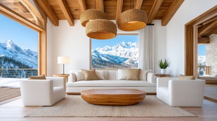 Eco lodge living room, centered soft beige sofa, ceiling lined with natural reed texture, wooden beams, warm lamp light, view of snowy mountains, cozy