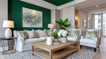 Eclectic lounge, emerald green ceiling, neutral beige furniture, warm light, unexpected color block