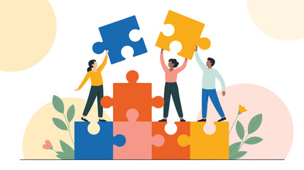 Teamwork puzzle illustration with people assembling jigsaw pieces, collaboration cooperation and problem solving concept isolated on white background © muhammad
