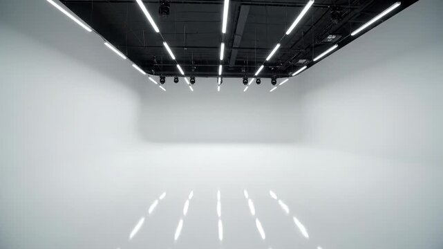 Wide architectural smooth tracking shot across an enormous empty white studio space with multiple modern suspended tubular light fixtures bright, gallery, perspective