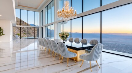 Glam dining room, centered glossy black marble table with velvet chairs, crystal chandelier, panoramic view of vast desert landscape at sunset
