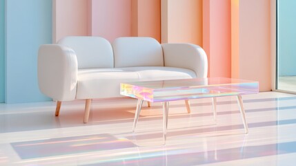 Futuristic lounge, dichroic glass table casting rainbow shadows, white sofa, airy light, iridescent accent