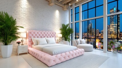 Glam loft bedroom, centered massive plush pink bed against exposed white brick wall, huge industrial window view of night city lights