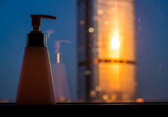 Pump Bottle on a Windowsill with a Glowing City Sunset Reflection