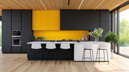 Graphic modern kitchen, matte black cabinets, bright yellow backsplash, sharp daylight, bold contrast
