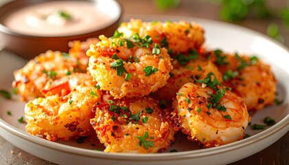 Delicious Crispy Golden Brown Breaded Shrimp Appetizer Garnished with Fresh Chopped Parsley Served with Creamy Dipping Sauce on a Round Ceramic Plate