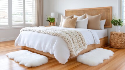Hygge bedroom sanctuary, centered bed with woven rattan headboard, layered linen bedding and a massive cable knit throw, two large white fluffy sheepskin