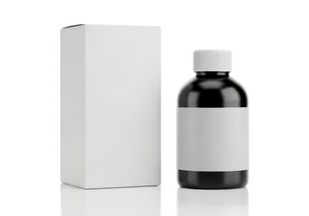 Dark glass dropper bottle and white cardboard box packaging isolated on white background