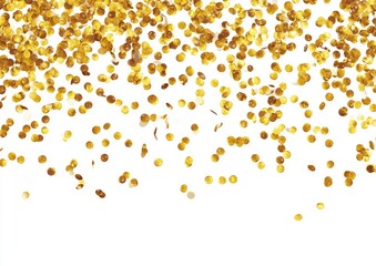 Shimmering gold confetti falling down on a white background in a festive pattern