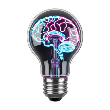 A futuristic L E D light bulb with a glowing brain inside it in neon colors on a transparent background black background isolated on a transparent background