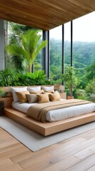 Jungle glam bedroom, centered low platform bed with rich linens, tall window view of tropical rain and greenery, cozy safe atmosphere, dark mood