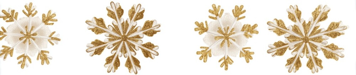 Four golden, crystalline snowflakes on a crisp white background