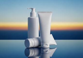 Minimalist White Cosmetic Packaging Mockup Set with Lotion Bottle and Cream Tubes Against a Serene Sunset Sky