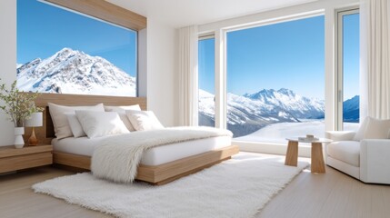 Luxury alpine bedroom, centered massive bed with white faux fur throws, huge window view of snowy mountain peaks, bright morning light, cozy