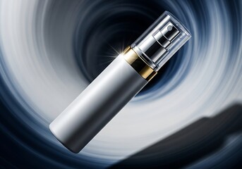 Elegant Silver Cosmetic Spray Bottle Against a Dynamic Swirling Abstract Background