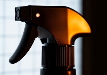 Sleek black spray bottle top and trigger mechanism, illuminated by a warm orange glow, creating a striking contrast in a close-up shot
