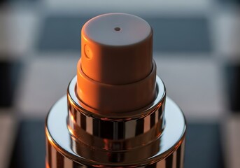 Close-up of a golden spray bottle nozzle with a checkered background