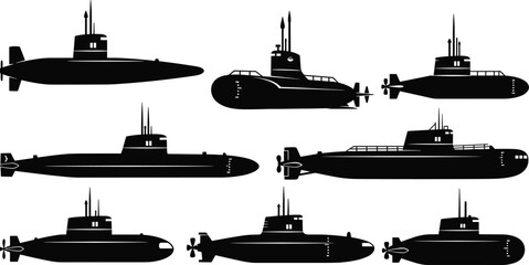 Military submarine silhouettes vector collection, underwater navy vessel icons, black maritime warship graphic elements, isolated ocean stealth boat design, naval marine technology, © Creative Mind