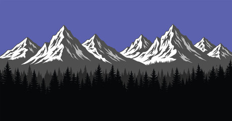 Mountain range silhouette with coniferous pine forest on blue sky background, majestic peak icons for outdoor adventure, nature and scenic winter travel. © Creative Mind