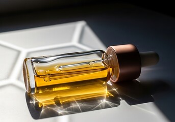 Golden liquid in a minimalist glass dropper bottle creating beautiful reflections and shadows on a modern surface, symbolizing beauty and wellness