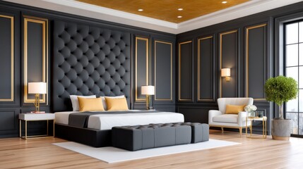 Noir bedroom, matte black walls, gold leaf ceiling texture, dim mood lighting, dramatic luxury