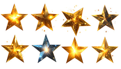 Eight glowing, multi-faceted star shapes, varying in gold and blue, on a black background