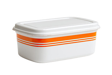 Rectangular food container with orange stripes.  Compact, plastic storage box with a snap-on lid.  Simple,  modern design