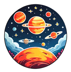 cartoon space view of stars, planets and clouds vector illustration