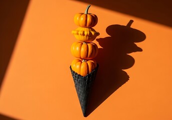Autumnal Delight Stacked Pumpkins and Gourds Resemble a Unique Ice Cream Cone on a Vibrant Orange Background