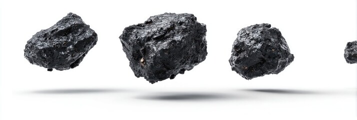 Floating lumps of coal with small shadows on a white surface