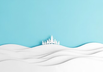 Serene paper-cut winter landscape with layered snow and minimalist pine trees under a clear blue sky