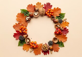 Autumn wreath with nuts and berries on a beige background