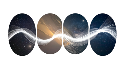 Oval panels of celestial scenes linked by a bright, curving, flowing light pattern