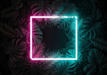 Vibrant Neon Square Frame Illuminated Among Dark Tropical Leaves Background