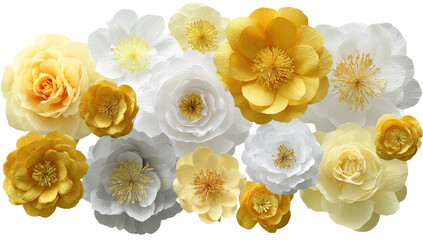 A cluster of large,  yellow and white paper flowers