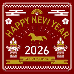 2026年の午年をイメージした正方形の線画の年賀状_赤
