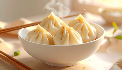 Steaming Hot Asian Dumplings in a White Bowl with Chopsticks. Freshly Cooked Delicacy, Perfect Comfort Food or Appetizer. Delicious Chinese Cuisine.