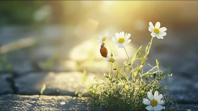 Resilient white daisies bloom through cracked pavement in warm sunlight - Powered by Adobe