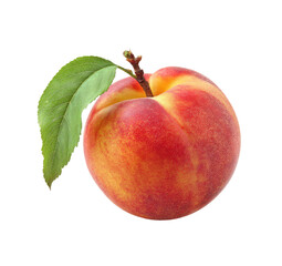 Close-up of a ripe peach with a leaf