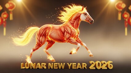 Powerful Fire Horse running for Lunar New Year 2026 celebration with traditional lanterns on golden background