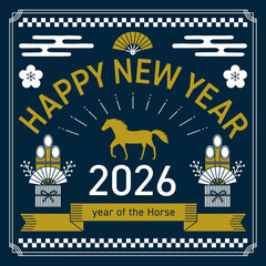 2026年の午年をイメージした正方形の線画の年賀状_青
