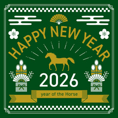 2026年の午年をイメージした正方形の線画の年賀状_緑
