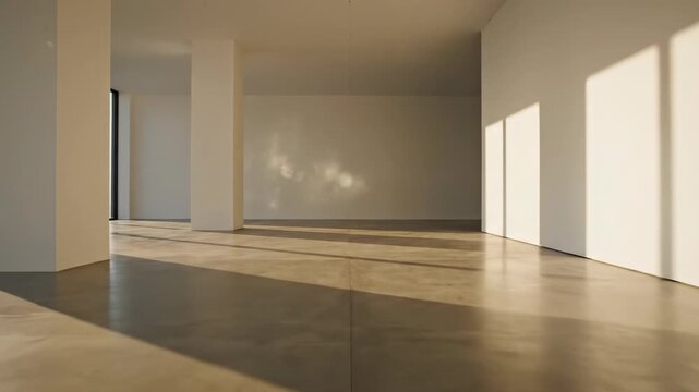 Wide cinematic shot of a clean, minimalist empty modern interior room with soft moving shadows cast by indirect sunlight emphasizing tranquility and space luxury, daylight, floor