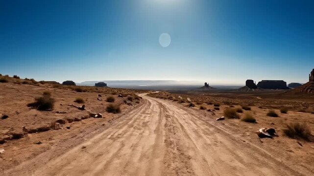 Wide cinematic shot following a lonely, unmarked dirt road curving unpredictably through a desolate, sun-baked desert landscape under a vast clear blue sky travel, cinematic, scenic
