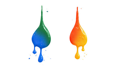 Two dripping blobs of color, one teal-blue, the other orange-red, against a black background.  The blobs have a slightly textured, glossy appearance
