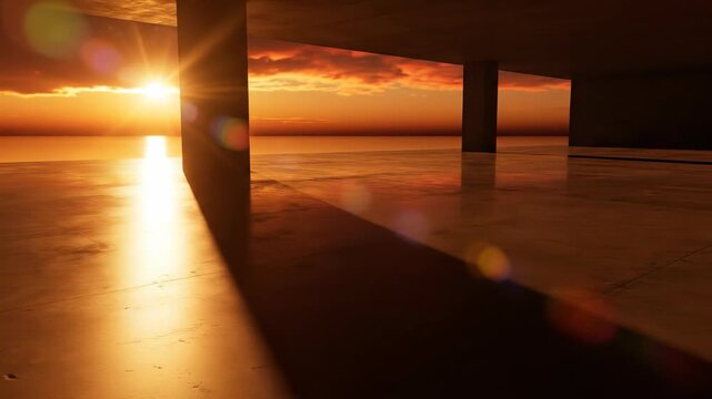 Wide cinematic shot of a long, sharp architectural pillar shadow slowly sweeping across a vast, polished concrete floor during a dramatic sunset concept, minimalism, abstract