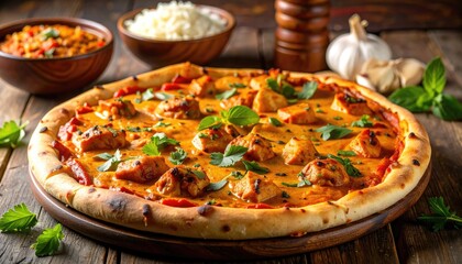 Delicious Tandoori Chicken Pizza Topped with Fresh Basil and Garnished with Parsley on a Rustic Wooden Table with Garlic and Rice Bowls in the Background