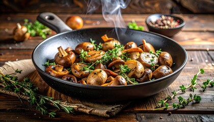 Deliciously Saut?ed Mushrooms with Fresh Thyme and Herbs Cooked in a Cast Iron Skillet on a Rustic Wooden Table with Soft Steaming