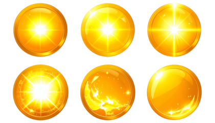 Six golden orbs with varying internal light bursts and luminous effects against a black backdrop