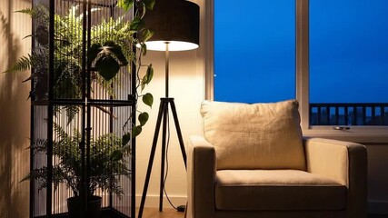 Cozy living room corner with warm lamp and plants at dusk outside